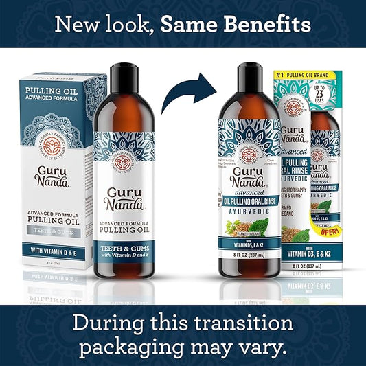 GuruNanda Advanced Oil Pulling Mouthwash for Enhanced Oral Care with Sesame & Oregano Oil, Promotes Deep Cleaning for Healthy Teeth & Gums, with Toothbrush and Tongue Scraper, Alcohol-Free, 8 Oz