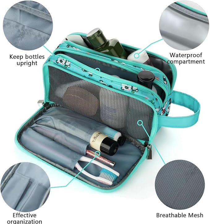 Kids Toiletry Bag for Girls, Travel Toiletry Bag for Little Young Girls Cosmetic Bag Makeup Bag Waterproof Hanging Wash Bag Toddler Toiletries, Panda Green Teal