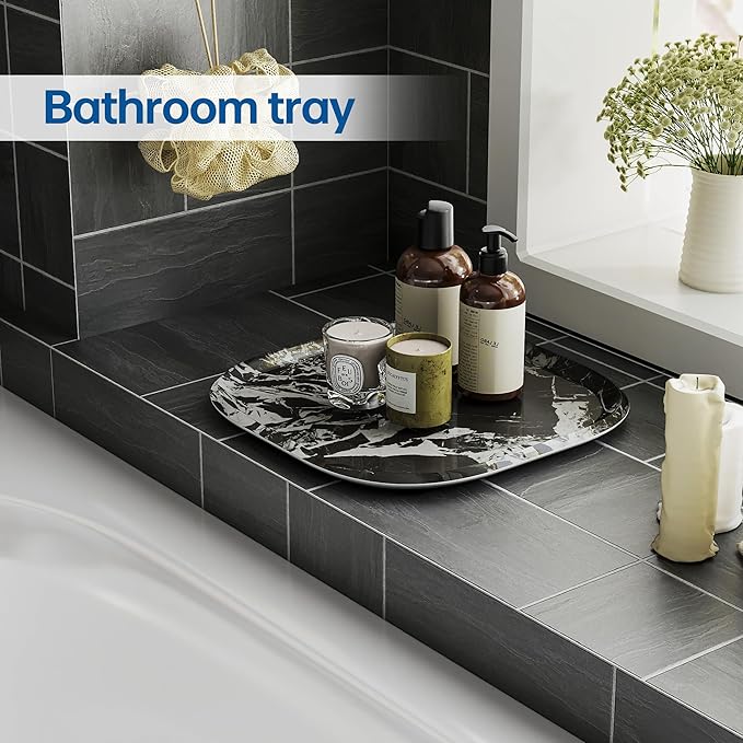 Vanity Decorative Tray, 12" x 12" Black Marble Pattern Perfume Tray, Bathroom Tray Countertop Organizer for Soap Towel, Jewelry, Candle