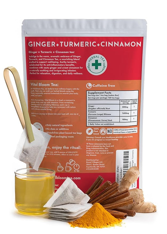 Vital Bloom 120 Tea Bags Ginger Turmeric Cinnamon Tea Bags, Supports Immune Health, Aids Digestion, 100% Natural Ingredients Blended Herbal Tea, Hot or Iced, Eco-Friendly Package, 120 Count