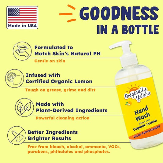 Originally Yellow Plant-Based Hand Soap All Natural Infused with Organic Lemon | Gentle Natural Hand Soap | Pet & Baby-Safe Soap, 16 Fl Oz (3-Pack)
