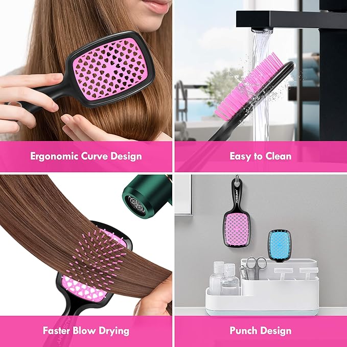 Vented Detangling Hair Brush - 2 Pack Mini Detangler Hairbrush with Soft Bristles for Effortless Tangle Free - Ideal for Wet Dry or Damaged Hair for Women Men Kids - Pink & Pink