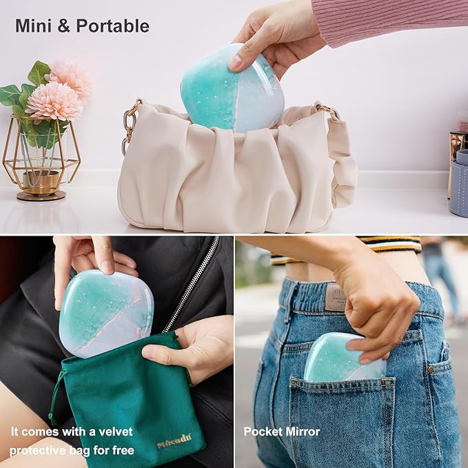 Mocado Compact LED Travel Makeup Mirror - 4 Inches 1X/10X Magnification Travel Mirror with Light Dimmable Double Sides Lighted USB Rechargeable Compact Mirror for Purse,Pocket,Travel(Blue Marble)