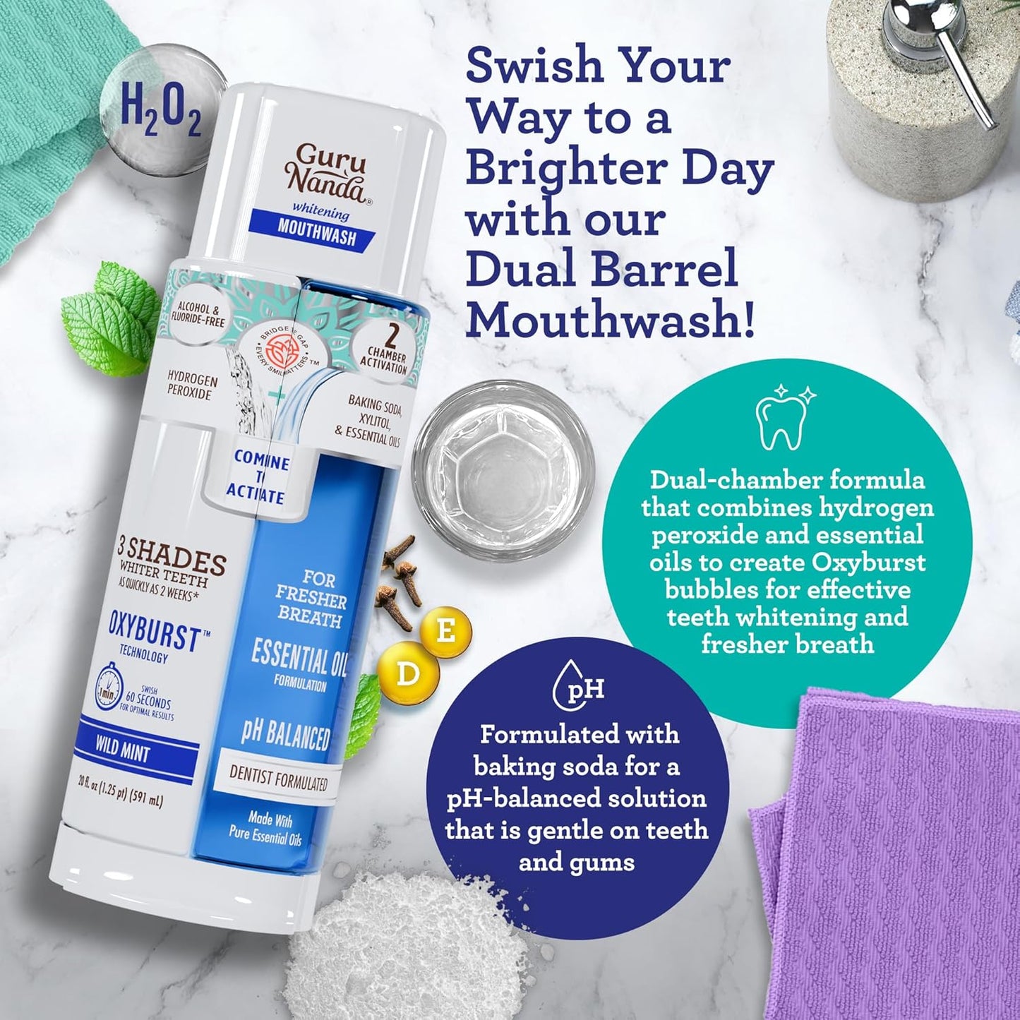 GuruNanda Whitening Wonder Duo, Dual Barrel Oxyburst Whitening Mouthwash 20 Oz & Teeth Whitening Strips with No Slip, Dry Strip Tech, 7 Day Treatments