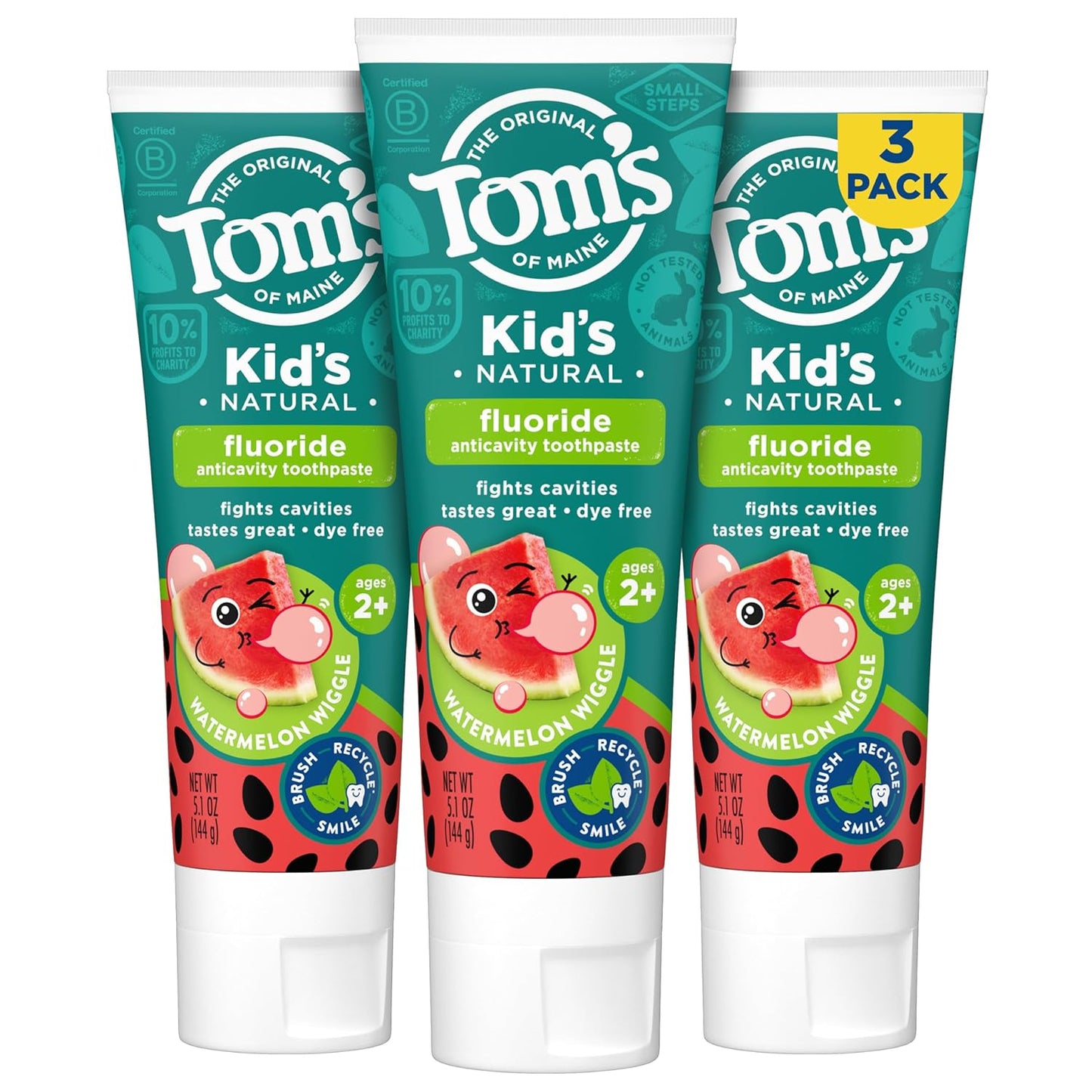 Tom’s of Maine Watermelon Wiggle Kids Toothpaste with Fluoride, Kids Natural Toothpaste, For Children Ages 2 and Up, Helps Prevent Cavities, 5.1 Oz 3 Pack