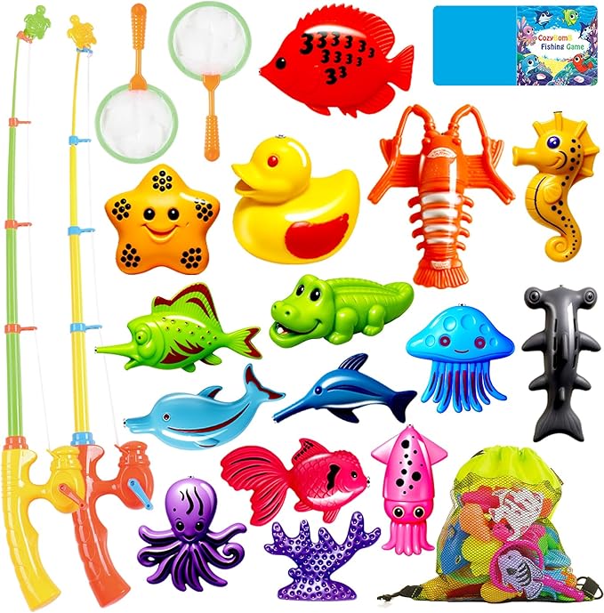 CozyBomB™ Magnetic Fishing Toys Game Set for Kids | Water Table Bathtub Kiddie Pool Party Pole Rod Net, Outdoor Plastic Floating Fish, Toddler Bath Color Ocean Sea Animals Birthday Gift Age 3-5 6 4-8
