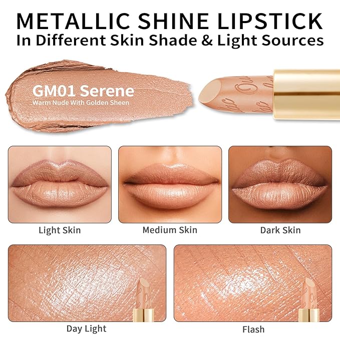 Oulac Matte Nude Lipstick with Glow Metallic Finish - Vegan Lipstick for Women, Creamy Texture, Hydrating Clean Beauty Formula, High-End Magnetic Hook Design, GM01 Serene
