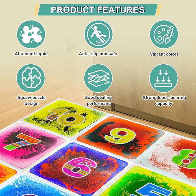 Sensory Floor Mats Kids Autism - Liquid Sensory Tiles with Numbers for Children Over Three Years Old- Sensory Floor Pads for Classroom