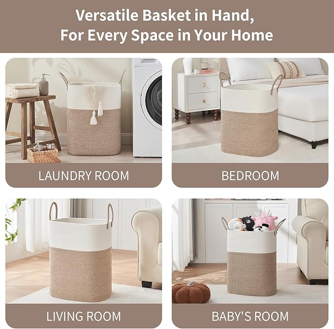 Laundry Basket with Handles - Blanket Basket & Hampers for Bedroom Aesthetic, Laundry Hamper & Blanket Storage for Living Room, Clothes Hamper, Tall, Large 17" x 14" x 26”, White & Rice Brown