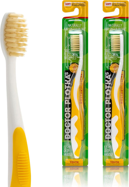 MOUTHWATCHERS Soft Childrens Flossing Manual Toothbrush, Set of 2, Yellow Toothbrushes for Kids & Teens, Ultra Clean, by Dr. Plotka's