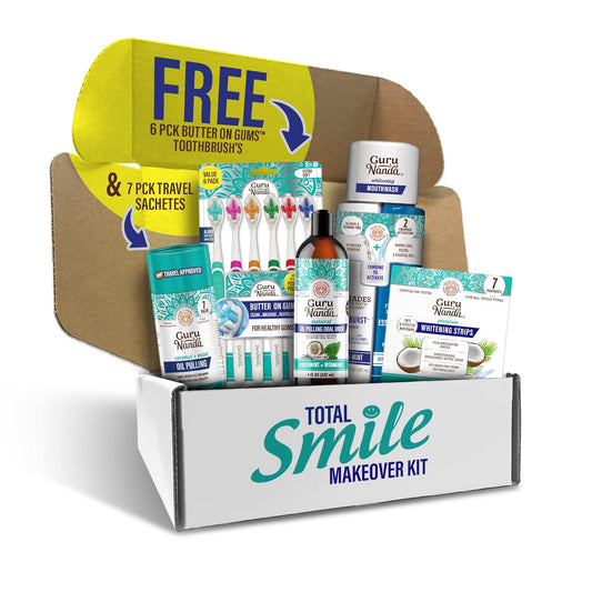 GuruNanda Total Smile Makeover Kit Regular with Cocomint Oil Pulling, Dual Barrel Whitening Mouthwash, Whitening Strips & Butter on Gums Toothbrushes