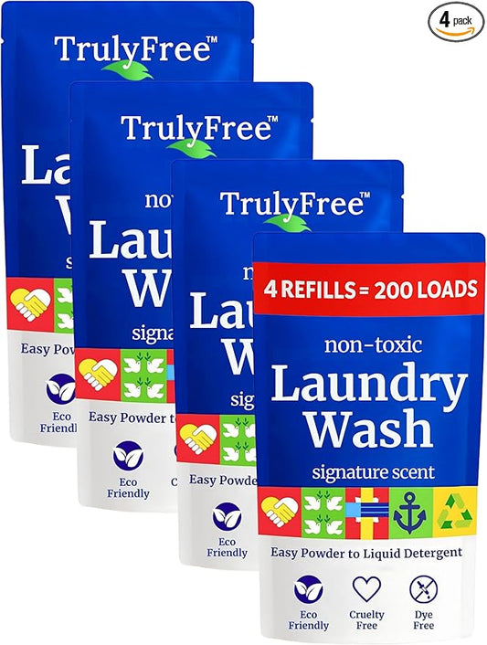 Truly Free Natural Laundry Detergent for Sensitive Skin | Eco Friendly, Plant Based, Baby Clothes Safe | Clean & Easy Powder to Liquid, 4 Pack Refill Detergent, NO Jug | Signature Scent, 200 Loads