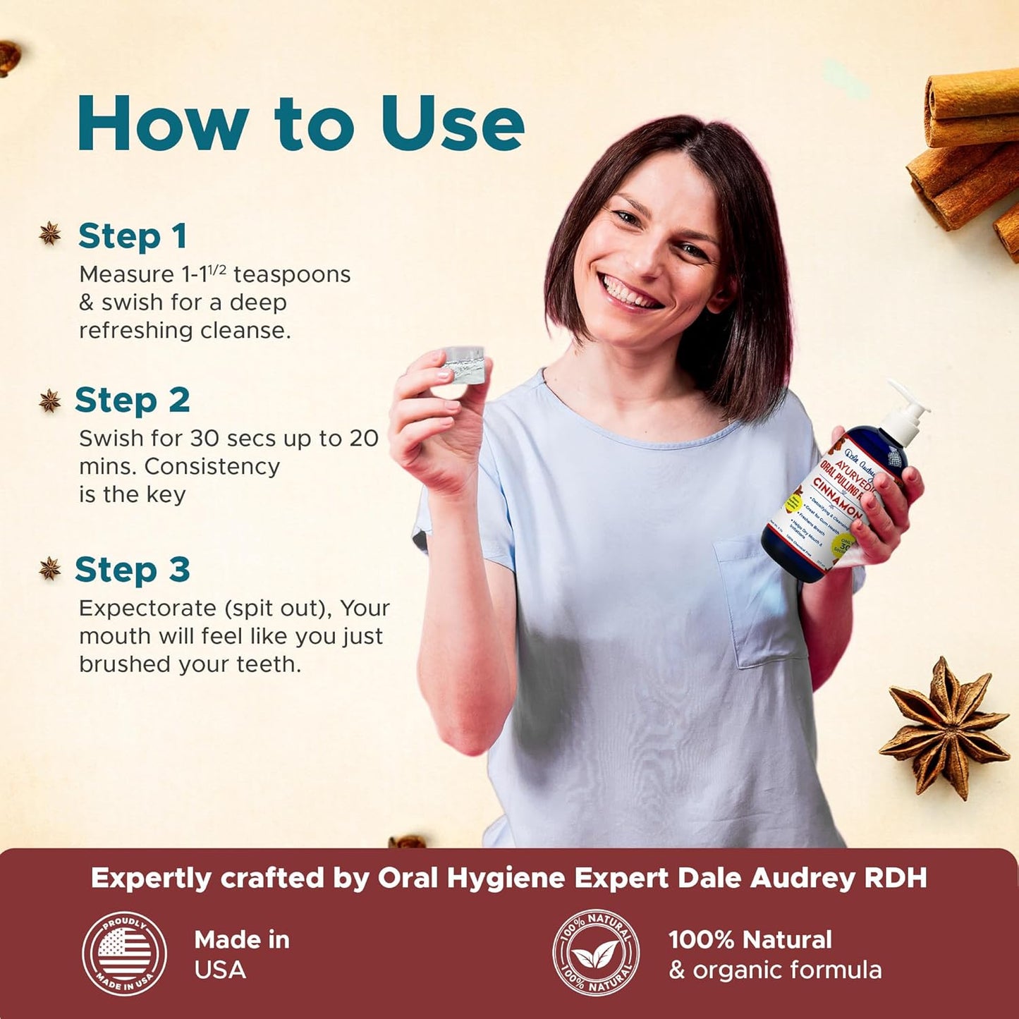 Dale Audrey Ayurvedic Nano Hydroxyapatite Oil Pulling for Teeth and Gums | Cinnamon Flavored Organic Oral Rinse Mouthwash for Bad Breath | Essential Oils for Teeth Whitening & Fresh Breath | (8 oz)