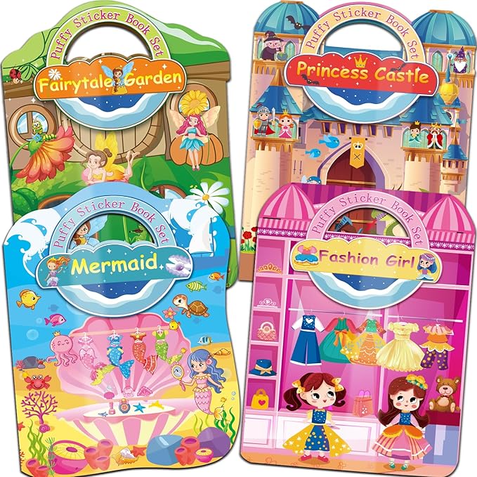 Dress Up Sticker Books for Girls Ages 2-4 4-8, Reusable Puffy 3D Sticker Books for Toddlers 2-4 Years, Include Princess Mermaid Fairy and Fashion Girl,Activity Book for Toddlers 1-3