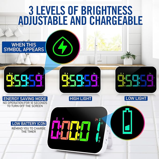 Kitchen Timer（1.5" Number）with Voice Reminder,10 RGB Color Changing Digital Magnetic Timer, Countdown/Up, Rechargeabilit, Brightness Display, 3 Volume Levels and Vibration Mode, for Classroom, Cooking
