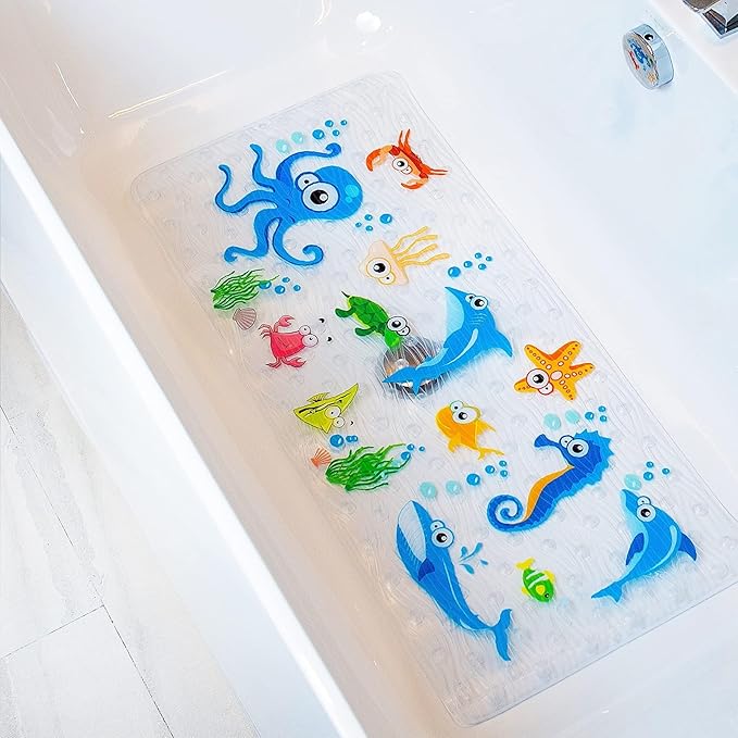 Bath Mats for Tub Kids,Baby Toddler - Large Cartoon Non-Slip Bathroom Bathtub Anti-Slip Shower Mats for Floor 35x15,Machine Washable XL Size Bathroom Mats (Blue-Octopus)