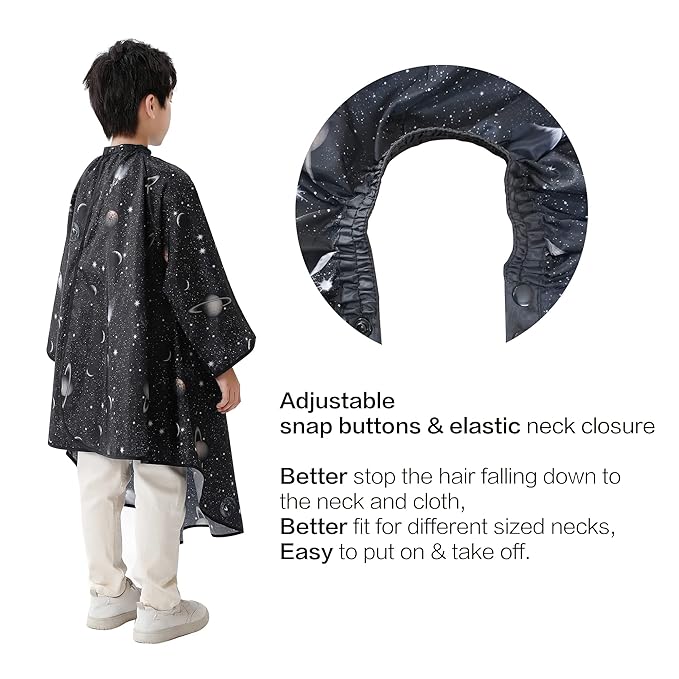Kids Hair Cutting Cape with Sleeves, Kids Barber Cape Haircut Cape for Boy & Girls, Professional Salon or Home Hair Cut Cape-Black Space Printing