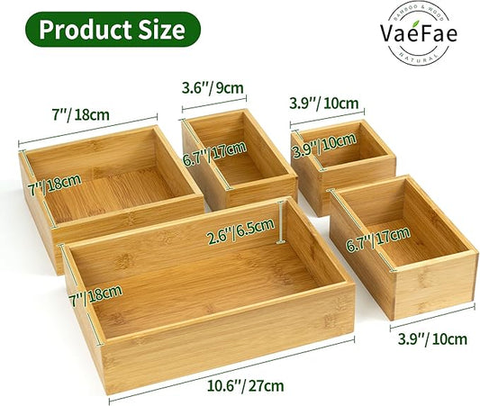 VaeFae 5 PCS Bamboo Drawer Organizers Set, 5-size Wooden Organizer Box, Storage Bins for Kitchen, Bathroom, Office, Bedroom and Living Room