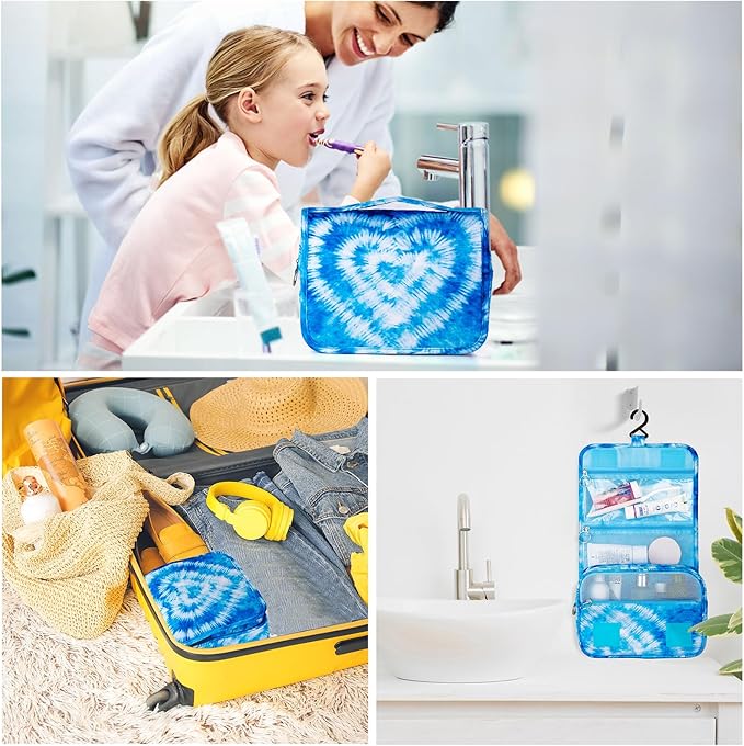 Tie Dye Hanging Toiletry Bag for Girls, Travel Toiletry Bag for Teen Girls Cosmetic Makeup Waterproof Wash Bag Traveling Toiletries, Blue Heart
