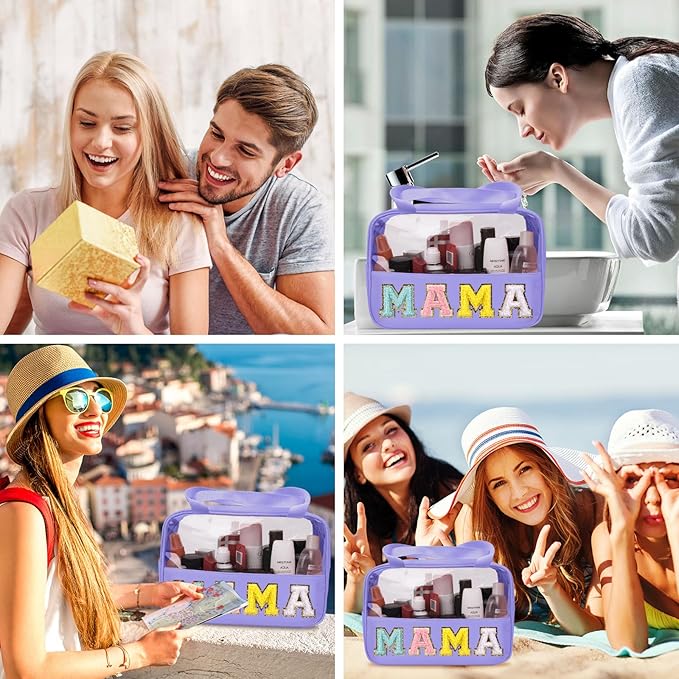 Chenille Letter Patch Mama Bag, Preppy Clear Makeup Cosmetic Bag Large Toiletry Storage Tote Bag with Handle, Transparent Nylon Waterproof Organizer Zipper Pouch for Travel Women Girls(Purple)