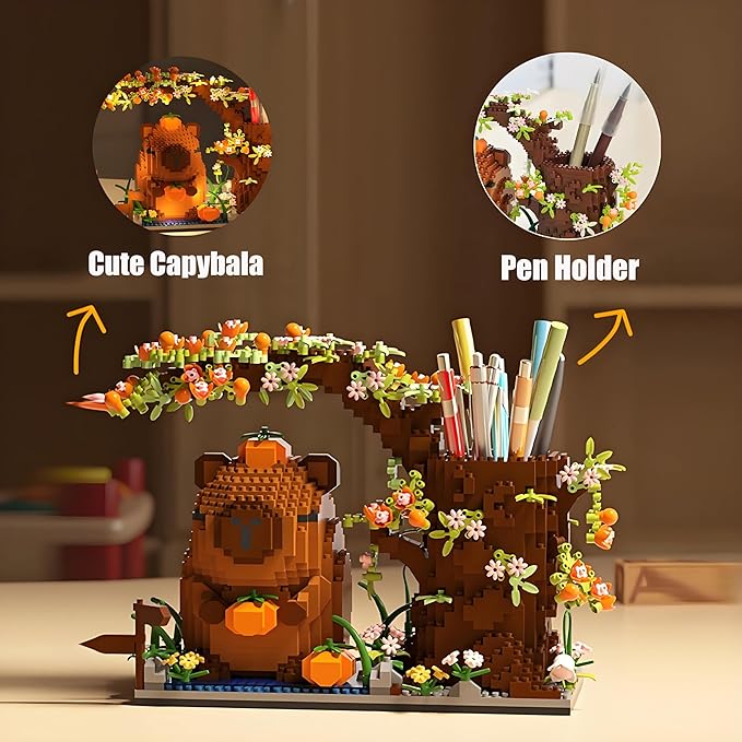 Capybara Building Blocks Set -1880PCS Cute Animals & Flowers Building Bricks Kit Kawaii Capybara Gifts Toy for Kids Age 12+, Capybara Stuff Pen Holder&Desk Organizer, Arts &Crafts for Boys Girls Adult