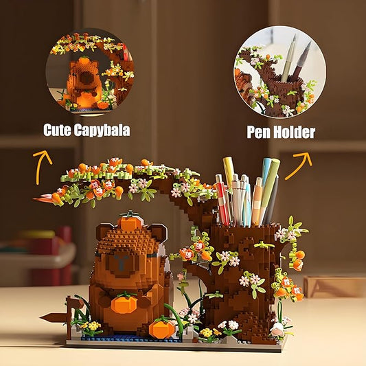 Capybara Building Blocks Set -1880PCS Cute Animals & Flowers Building Bricks Kit Kawaii Capybara Gifts Toy for Kids Age 12+, Capybara Stuff Pen Holder&Desk Organizer, Arts &Crafts for Boys Girls Adult