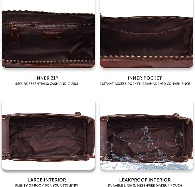 LEATHER VILLAGE Premium Leather Travel Toiletry Bag - Unisex Water-Resistant Travel Bag for Toiletries, Shaving & Cosmetic Organizer for Men & Women - Compact Bathroom Essentials - Cherry Brown