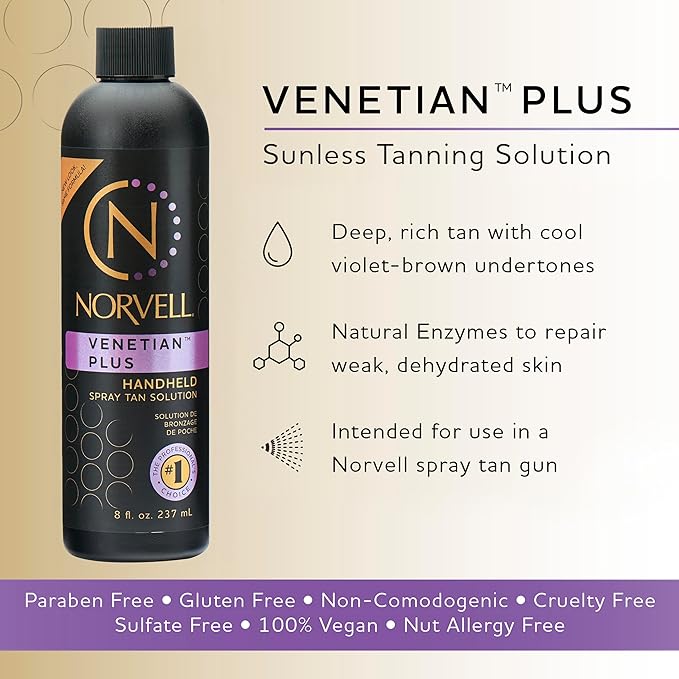 Norvell Premium Spray Tan Solution Venetian Plus 8 fl oz – Professional Sunless Tanning Formula for Deep Natural Bronze Glow, Streak-Free, Fast-Drying, Long-Lasting Color
