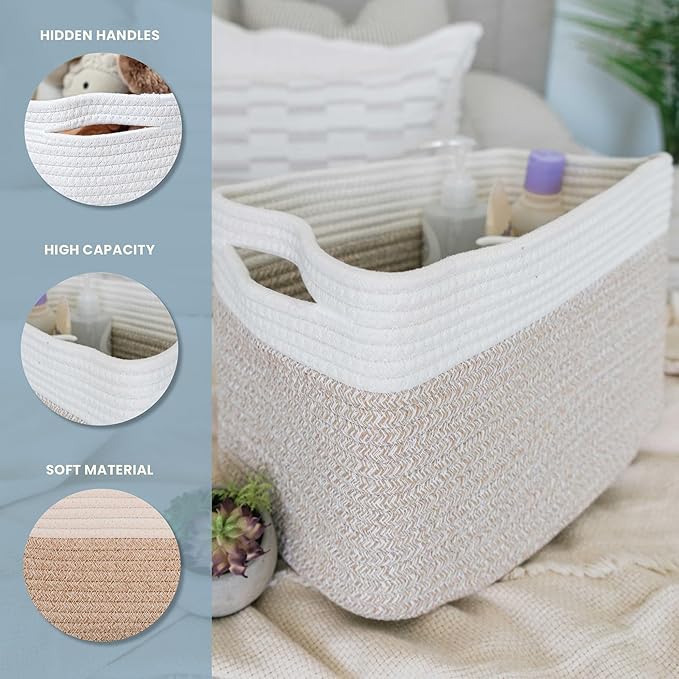 OrganiHaus Set of 3 Woven Storage Baskets for Shelves, Decorative Organizer Bins for Closet & Bathroom, Multipurpose Home Organization Baskets, Toy Storage Basket - Honey/Off-White, 15x9x10 inches