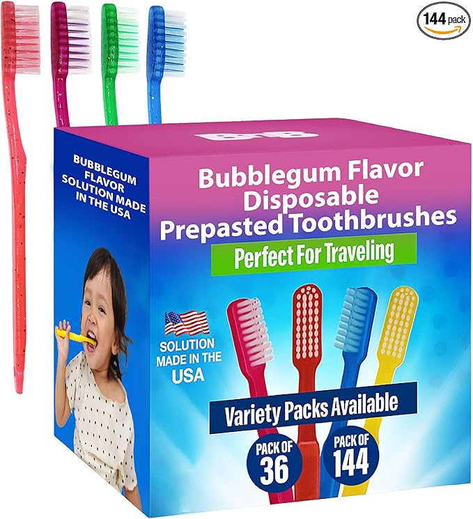 144 Kids Prepasted Toothbrushes Individually Wrapped - Bubblegum Disposable Toothbrushes - NO Water Needed, Just Start Brushing (144 Pack)