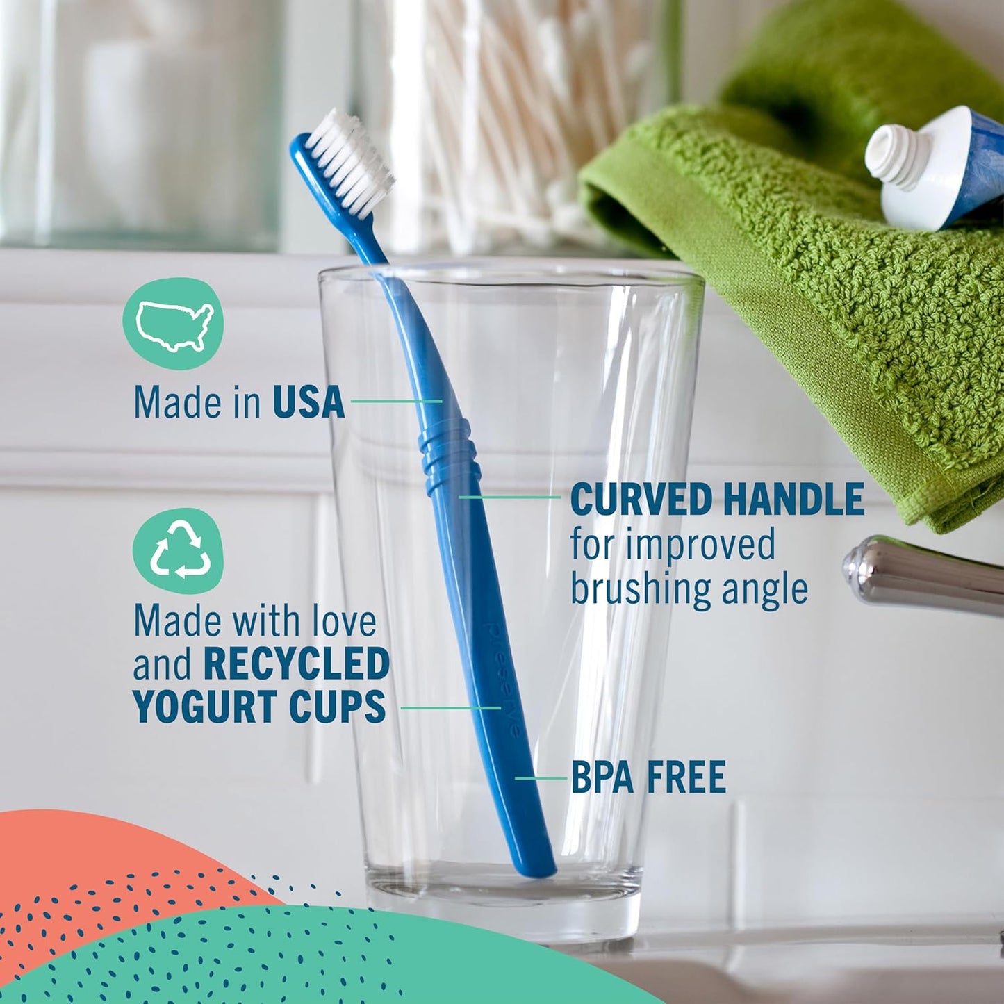 Preserve Eco Friendly Adult Toothbrushes, Made in The USA from Recycled Plastic, Lightweight Paper Packaging, Ultra Soft Bristles, Colors Vary, 3 Count