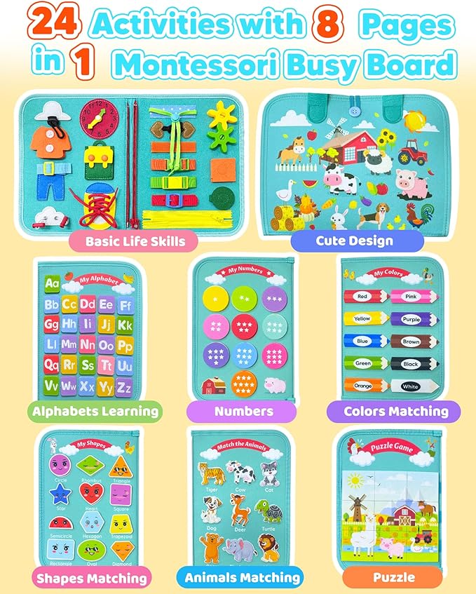 Busy Board Montessori Toys for Toddler Boy Girl Birthday Gifts, Busy Book Sensory Learning Toys for Toddlers, Educational Activities Airplane Car Travel Toy for Toddlers