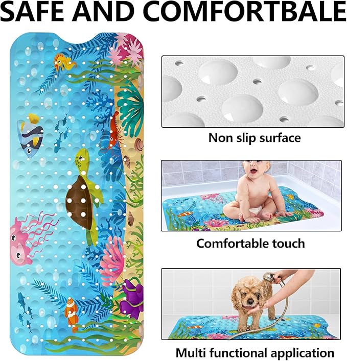 LNOND Bath Mat for Tub for Kids, Sea Turtle Bathtub Mat, Kids Bath Mats for Bathroom Non Slip with Drain Holes and Suction Cups,Machine Washable (40 X 16 Inch)