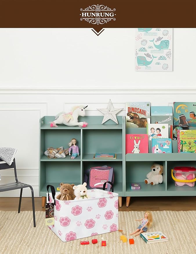 HUNRUNG Rectangle Storage Basket Cute Canvas Organizer Bin for Pet/Children Toys, Books, Clothes Perfect for Rooms/Playroom(REC-Pink Paw)
