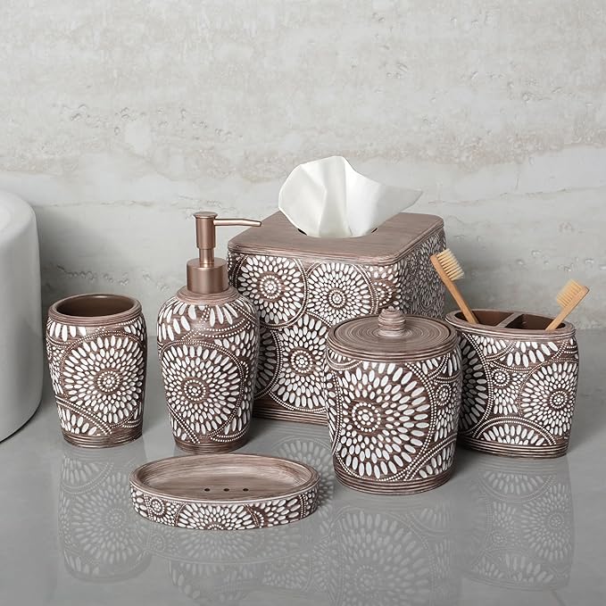 6-Piece Bathroom Accessories Set – Soap Dispenser, Toothbrush Holder, Tumbler, Soap Dish, Cotton Swab Jar & Toilet Brush – Modern Bathroom Decor Set (Ciccone)