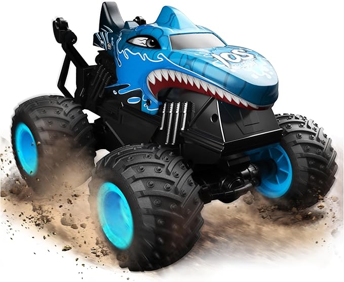 BEZGAR Monster Truck Toys - Remote Control Monster Truck with Light & Music, Dinosaur Toys for Kids, 1:20 Scale RC Truck with 360° Spins and Drifting, Remote Control Car for Boys (Blue)