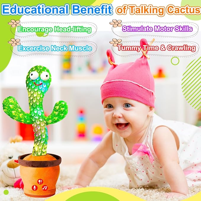 Rechargeable Dancing Talking Cactus Toy for Baby, Volume Adjustable, Singing, Mimicking, Repeating, Kids Baby Toys for Girls Boys, Birthday or Chirstmas Gifts for Grandkids, Stocking Stuffers for Kids