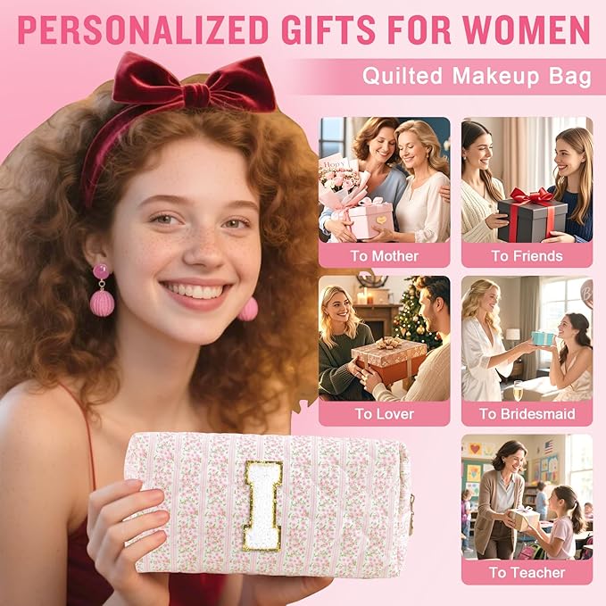 Personalized Quilted Cosmetic Bag, Puffy Monogrammed Christmas Birthday Gifts for Women & Girls, Cute initial Floral Makeup Bag Puffer Coquette Bag, Aesthetic Travel Toiletry Zipper Pouch(Pink,I)