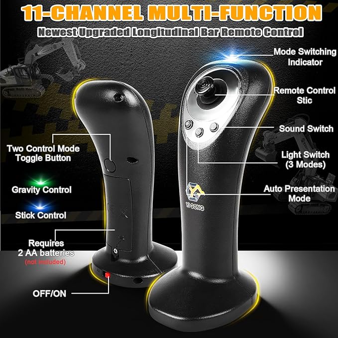 Remote Control Excavator for Boy 6 7 8 9 Years Old, 2.4 GHz Gravity Controlled Excavator Toys with Lights Sound, Rechargeable 11 CH RC Construction Vehicles Metal Shovel, Gifts for Kids 6-12 Year Old