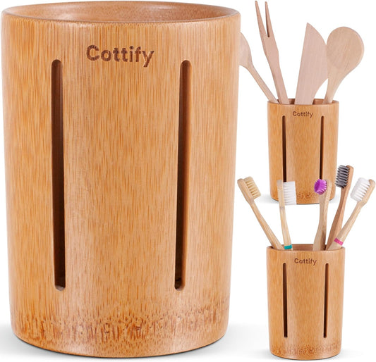 Cottify Bamboo Toothbrush Holder with Drainage, Quick Drying Bathroom Cup Holder, Toothpaste Holder, Wood Toothbrush Drainer, Stripes Glossy