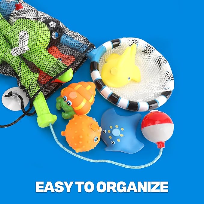 Magnetic Toddler Bath Toys - Kids Fishing Pool Game Set of 2 Fishing Poles, 8 Rubber Sea Animals, & Net - Water Toys with Mesh Organizer Bag