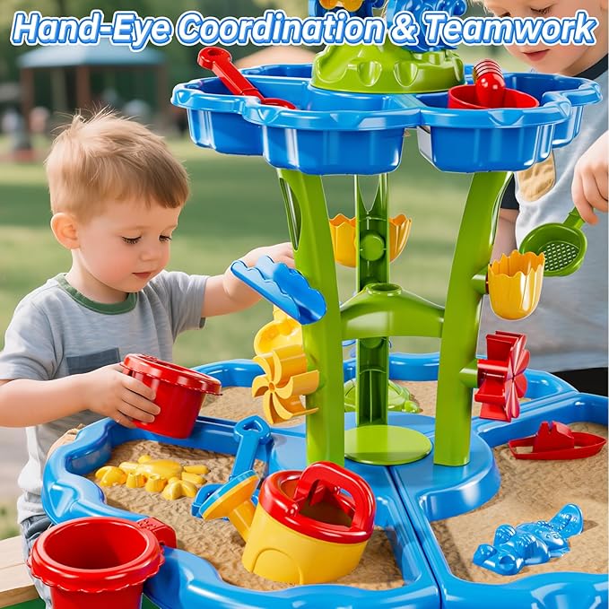 Water Table for Toddlers 1-3 & Kids 3-5 Outdoor Splash Pond & Sand Play Set with 3-Tier Water Table Rain Showers & Sensory Playset Activities – Summer Toys Birthday Gift for 3 4 5 6+ Years Old