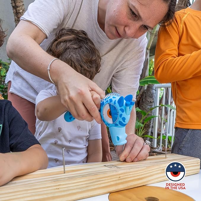 Handy Famm Real Metal Blue Giraffe Hammer for Kids, Patented Safety Mouth Sleeve and Nail Remover, STEM DIY Tool for Children Ages 5 and Up