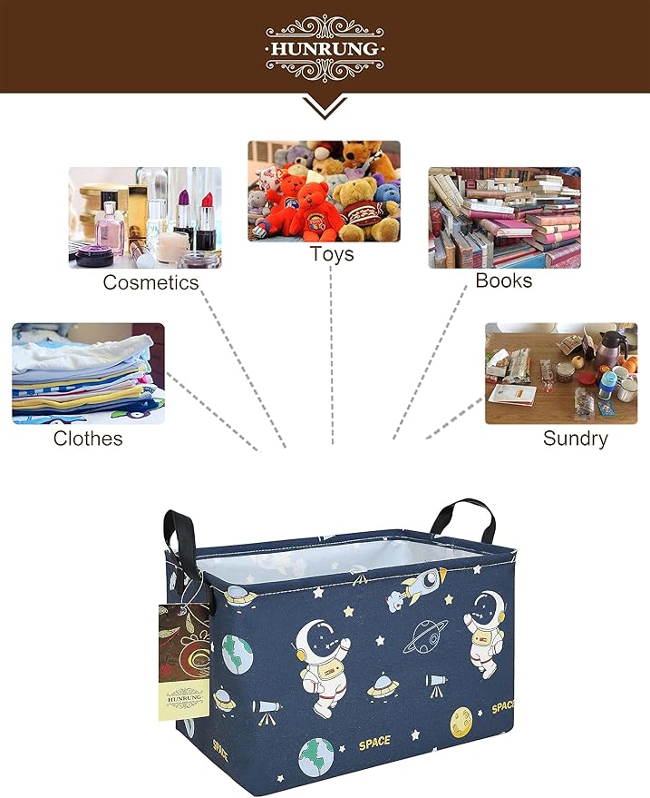 HUNRUNG Rectangle Storage Basket Cute Canvas Organizer Bin for Pet/Children Toys, Books, Clothes Perfect for Rooms/Playroom(Rec-Blue Space Astronaut)
