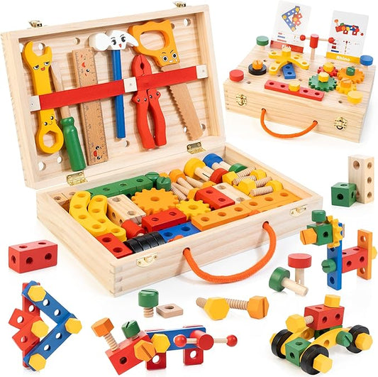 WOOOMAM Kids Tool Set, 90 PCS Wooden Toddler Tool Set with Box and Flash Cards, Tool Kit for Kids Age 3-5 Years, Toddler Boy Toys, FSC Certified Material