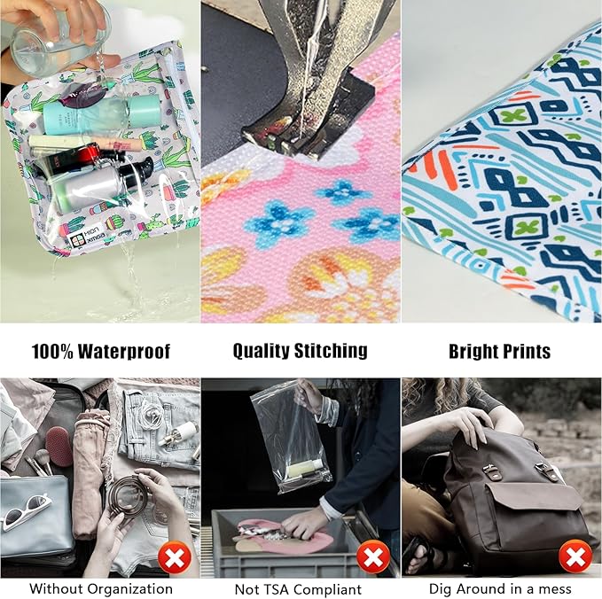 TSA Approved Toiletry Bag, Set of 3 Clear Travel Toiletry Bag Quart Size Zipper Travel Pouch, Waterproof Makeup Cosmetic Bag for Women Men Kids Toiletries Carry on, Cacti A