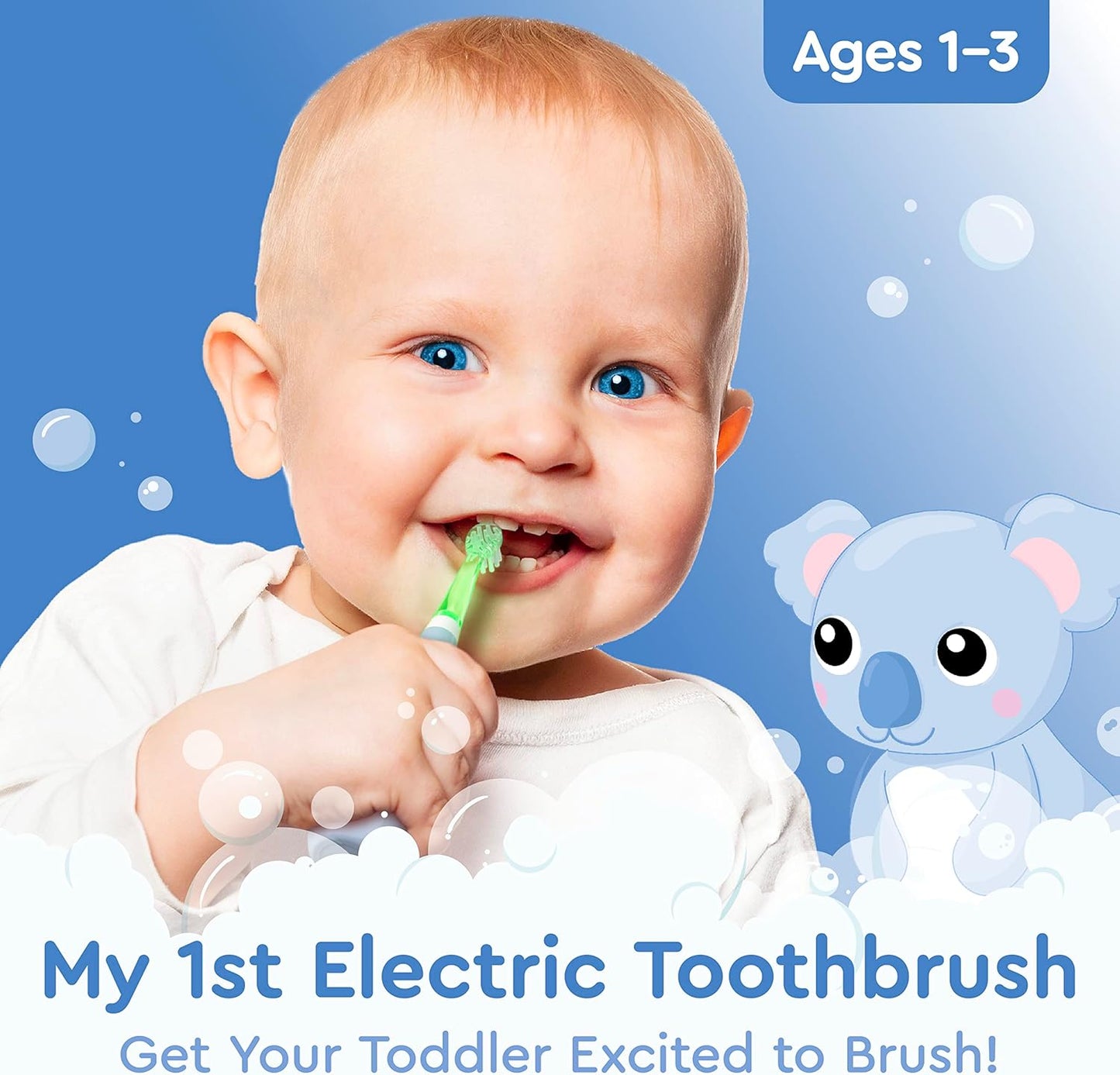 Brusheez Little Toddlers’ Sonic Toothbrush - Safe & Gentle Toothbrush for Ages 1-3 with Built-in, Light-Up 2-Minute Timer, Extra Brush Head, & Storage Base for First-Time Brushers (Kiwi The Koala)