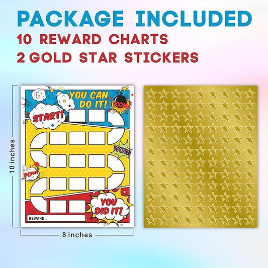 10 Reward Chart with 206 Golden Star Stickers-Comic Theme-Incentive Chart,Positive Behavior Reward Chart for Kids,Toddler Homework Assignments, Attendance(8"X10")-A02