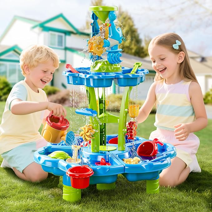 Water Table for Toddlers 1-3 & Kids 3-5 Outdoor Splash Pond & Sand Play Set with 3-Tier Water Table Rain Showers & Sensory Playset Activities – Summer Toys Birthday Gift for 3 4 5 6+ Years Old