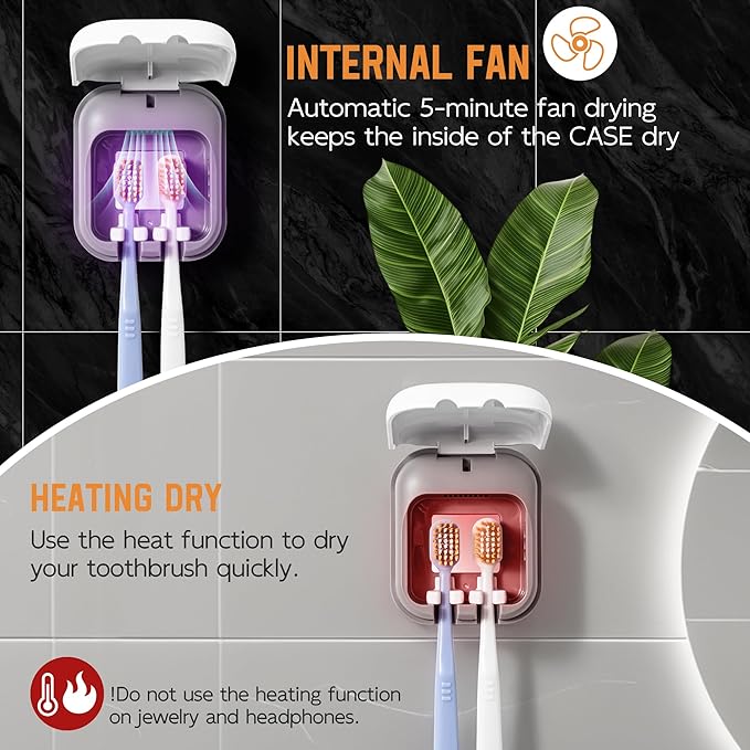 Toothbrush Sanitizeri Case with U V-C Lights, Dryer Heating, Fan Drying - Rechargeable Portable Toothbrush Cover, Hook Wall Mount Sterilizeri Box for Home, Travel & Fits All Toothbrushes